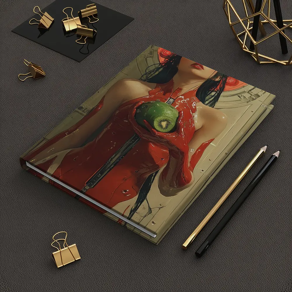 Cyberpunk Woman Red Suit Holding Fruit – Notebooks