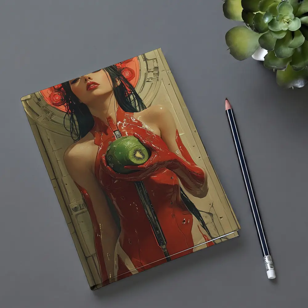 Cyberpunk Woman Red Suit Holding Fruit – Notebooks