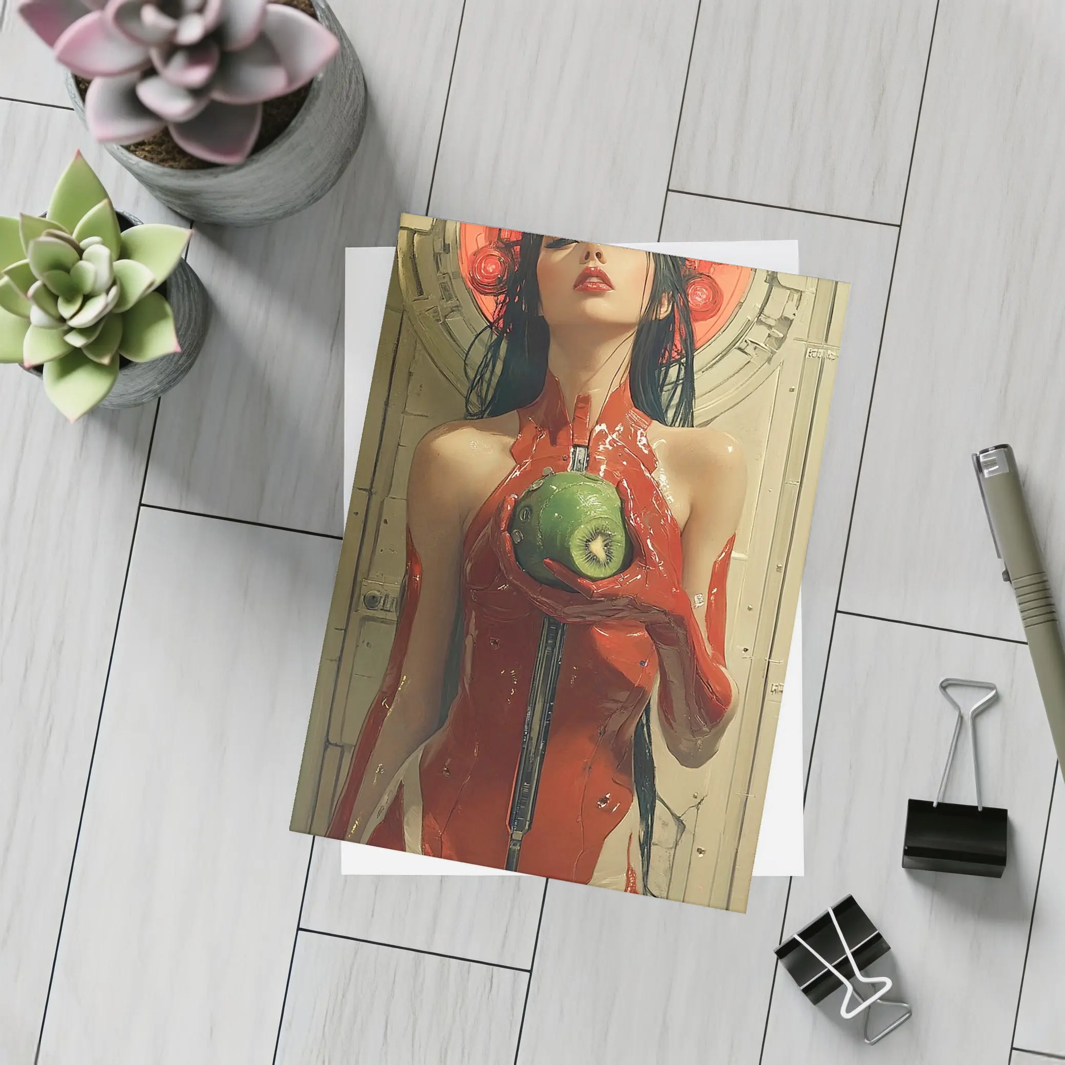 Cyberpunk Woman Red Suit Holding Fruit – Postcards