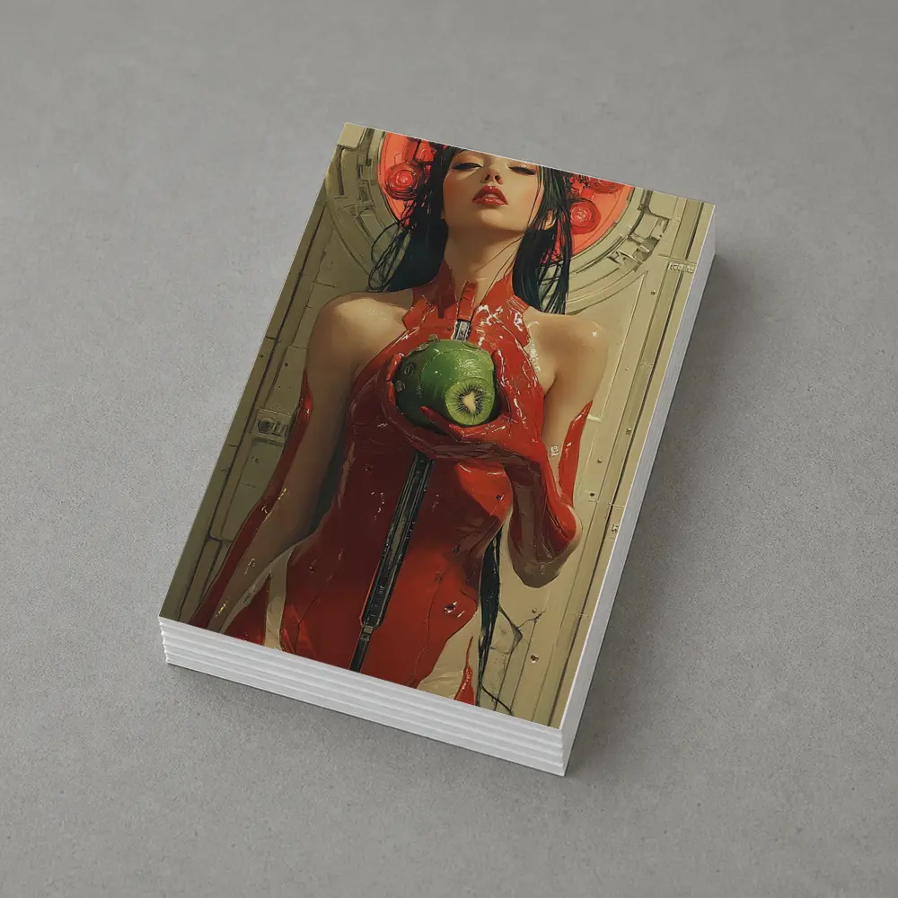 Cyberpunk Woman Red Suit Holding Fruit – Postcards