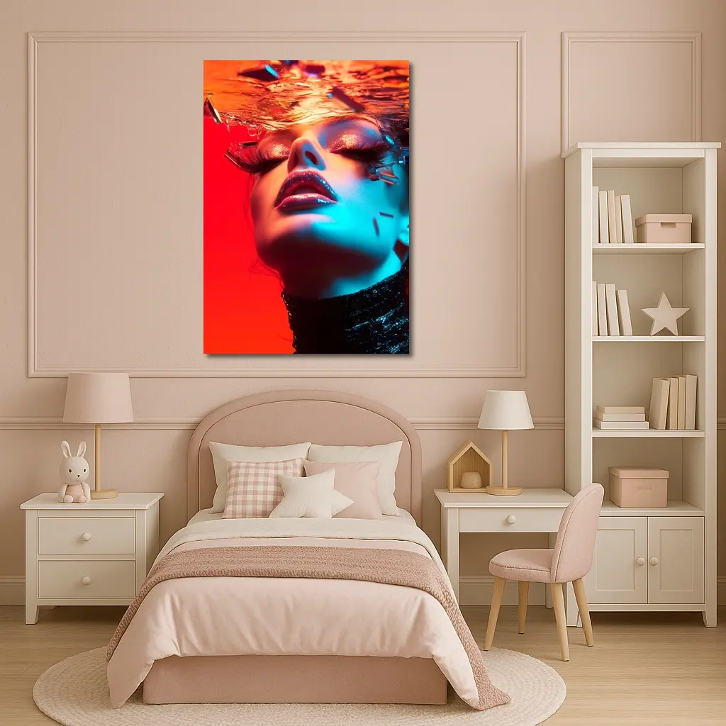 Woman Underwater Red Blue Neon Fashion – Wall Art