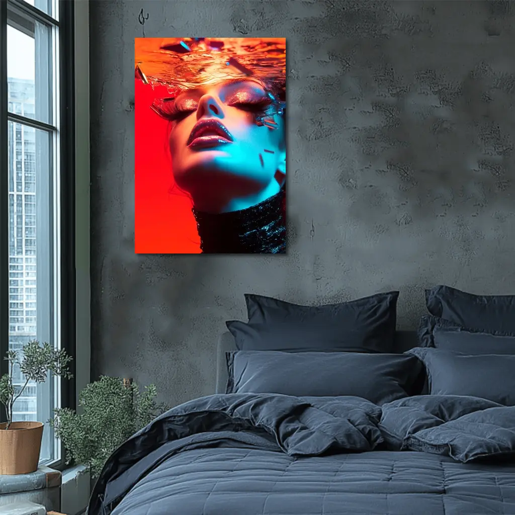 Woman Underwater Red Blue Neon Fashion – Wall Art