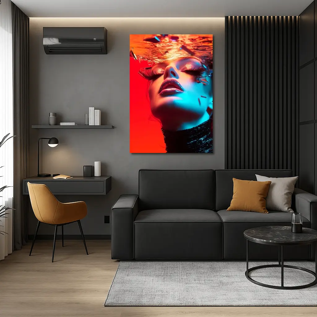Woman Underwater Red Blue Neon Fashion – Wall Art