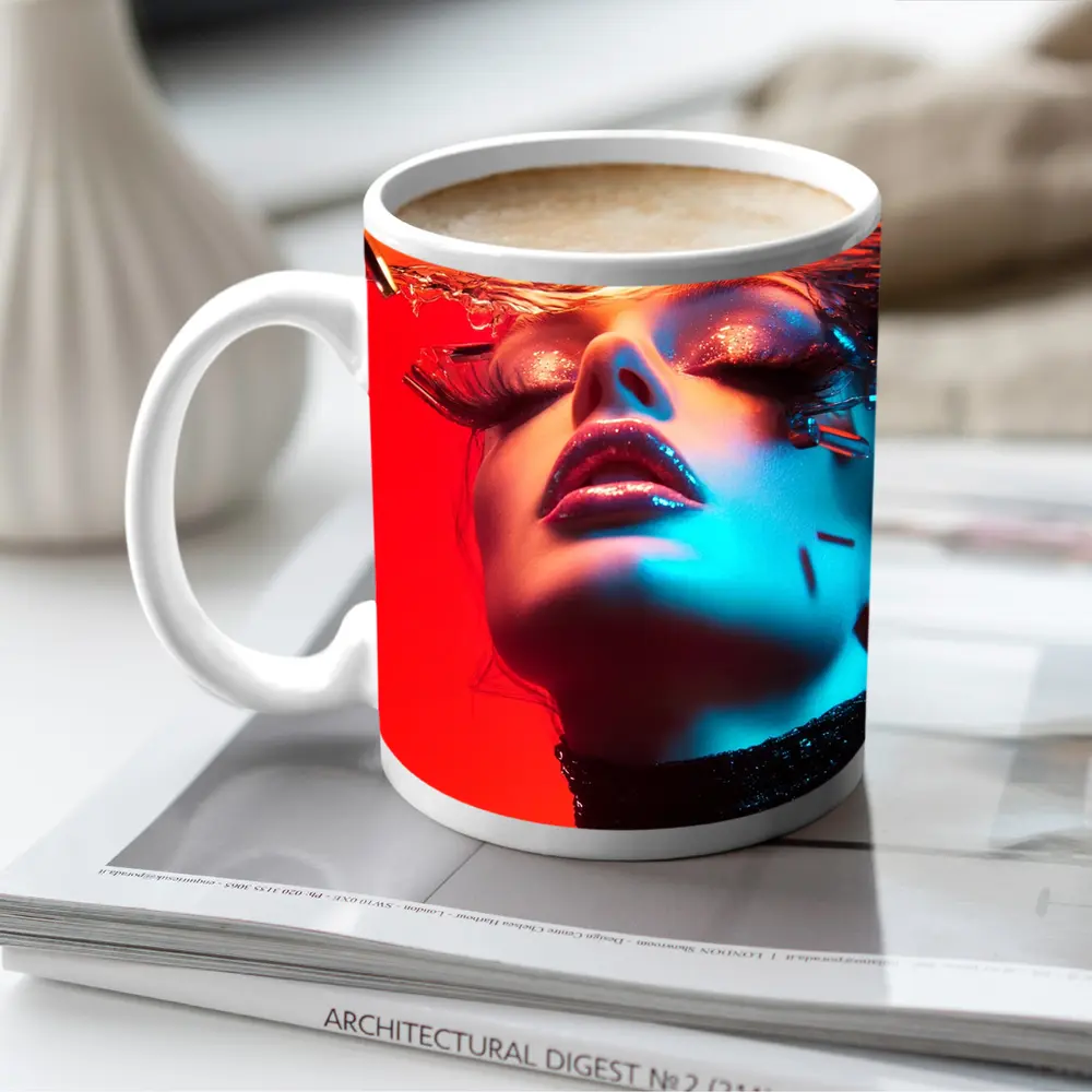Woman Underwater Red Blue Neon Fashion – Mugs