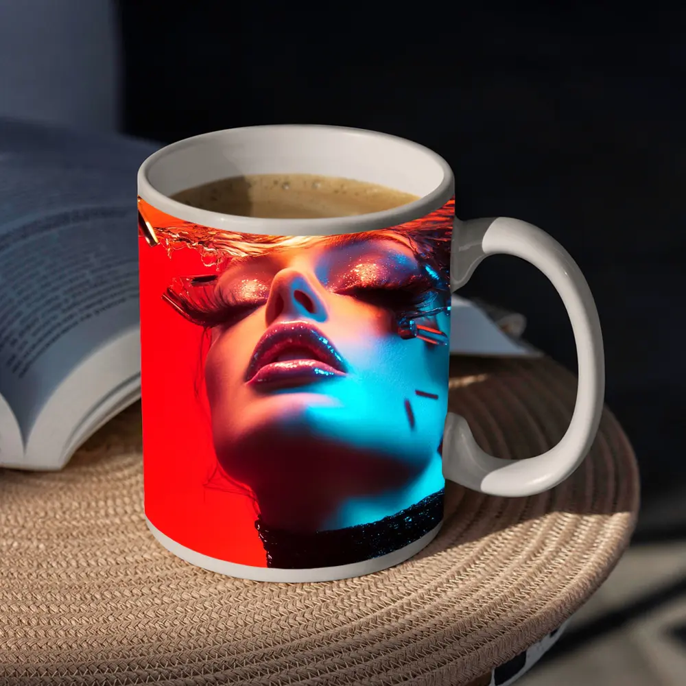 Woman Underwater Red Blue Neon Fashion – Mugs