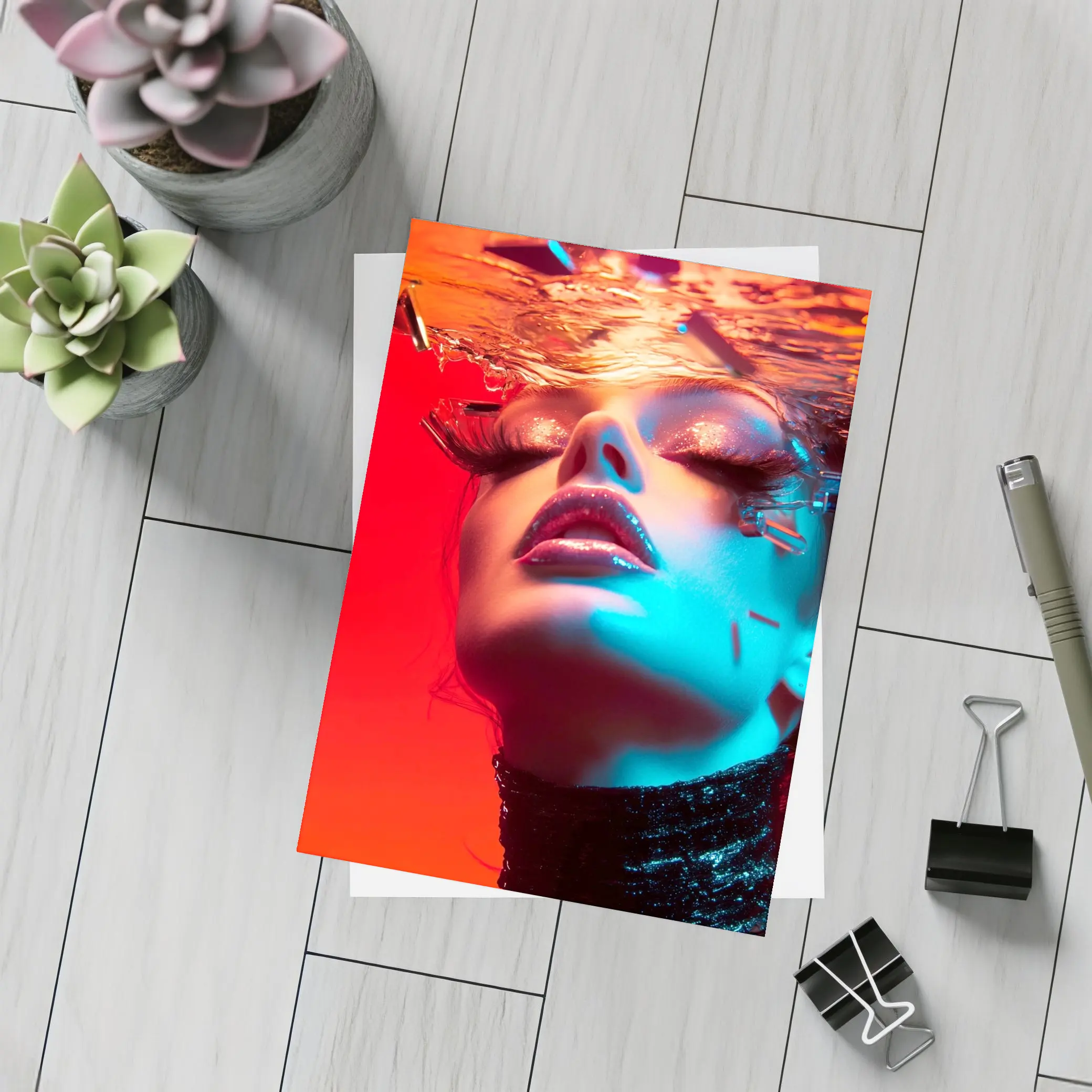 Woman Underwater Red Blue Neon Fashion – Postcards