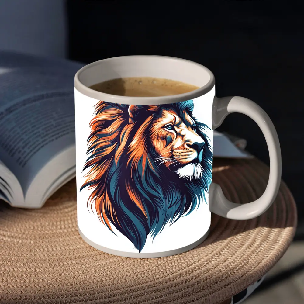 Colorful Lion Head Portrait Illustration White Background – Mugs