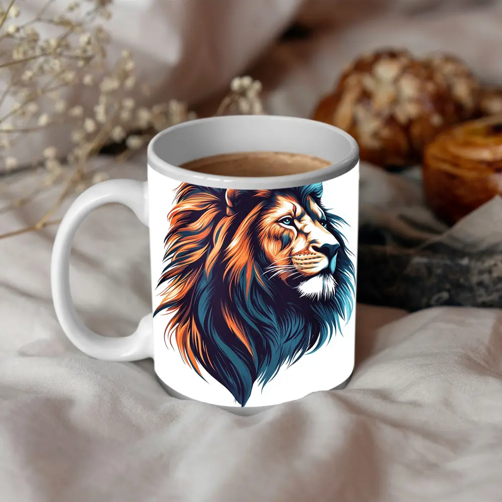 Colorful Lion Head Portrait Illustration White Background – Mugs