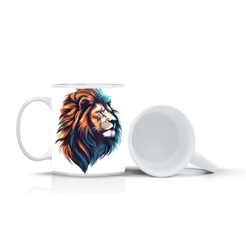 Colorful Lion Head Portrait Illustration White Background – Mugs