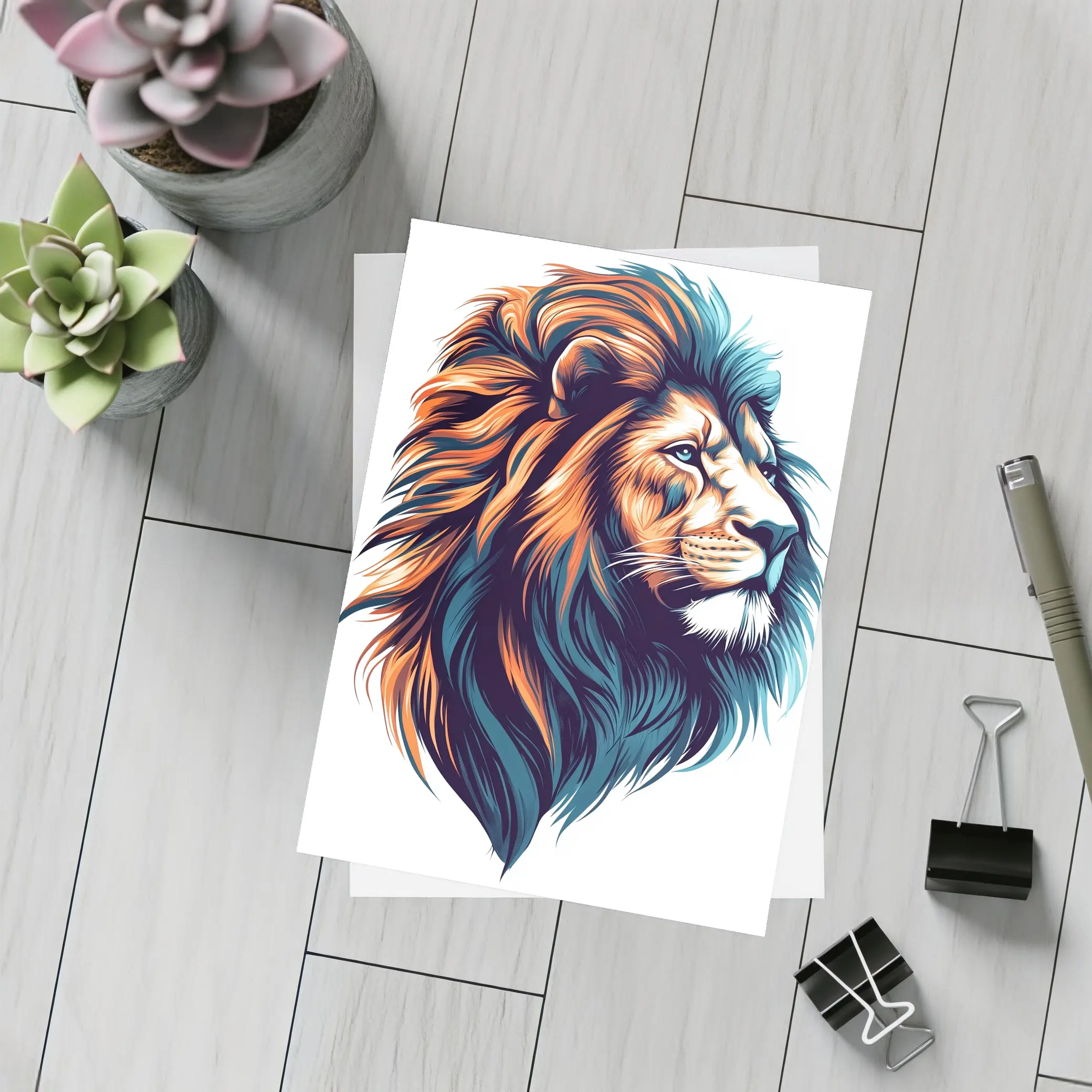 Colorful Lion Head Portrait Illustration White Background – Postcards