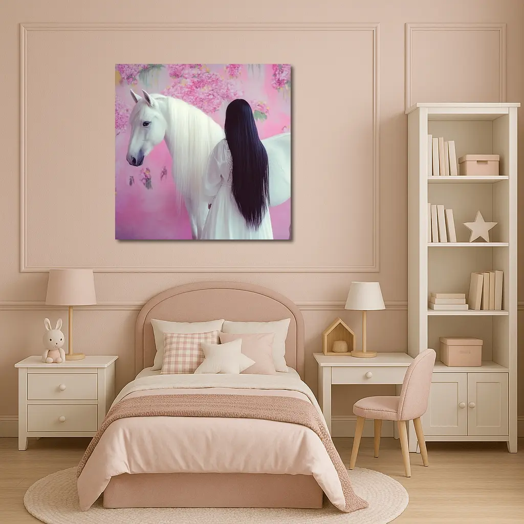 White Horse Woman Pink Floral Background – Wall Art
