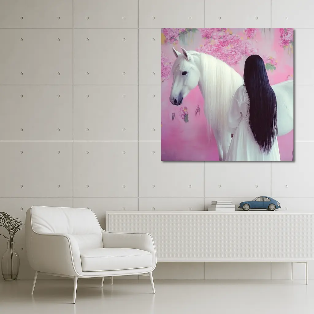 White Horse Woman Pink Floral Background – Wall Art