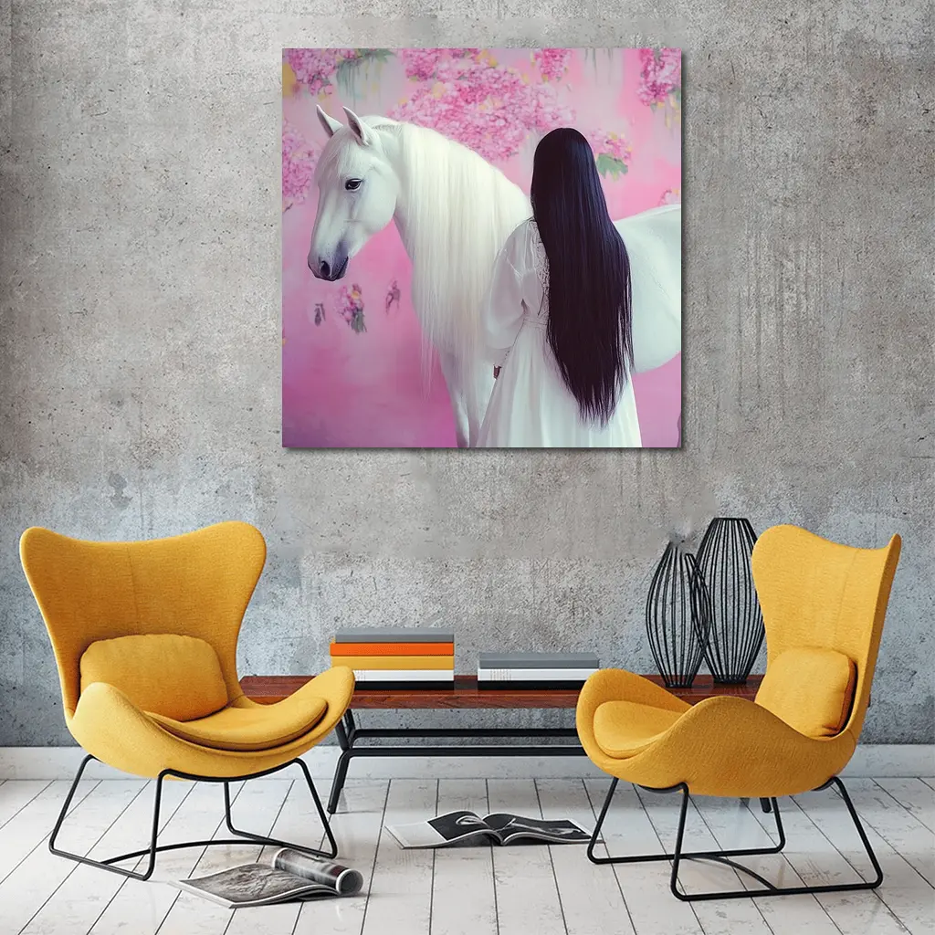 White Horse Woman Pink Floral Background – Wall Art