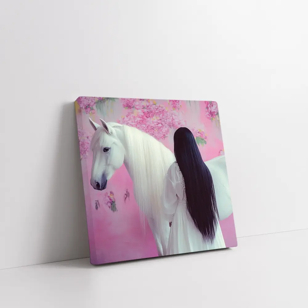White Horse Woman Pink Floral Background – Wall Art