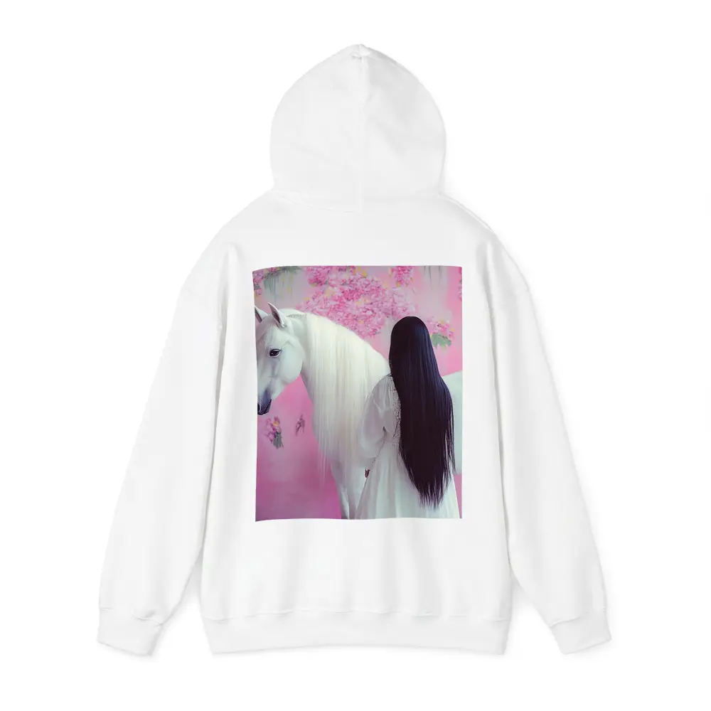 White Horse Woman Pink Floral Background – Hoodies