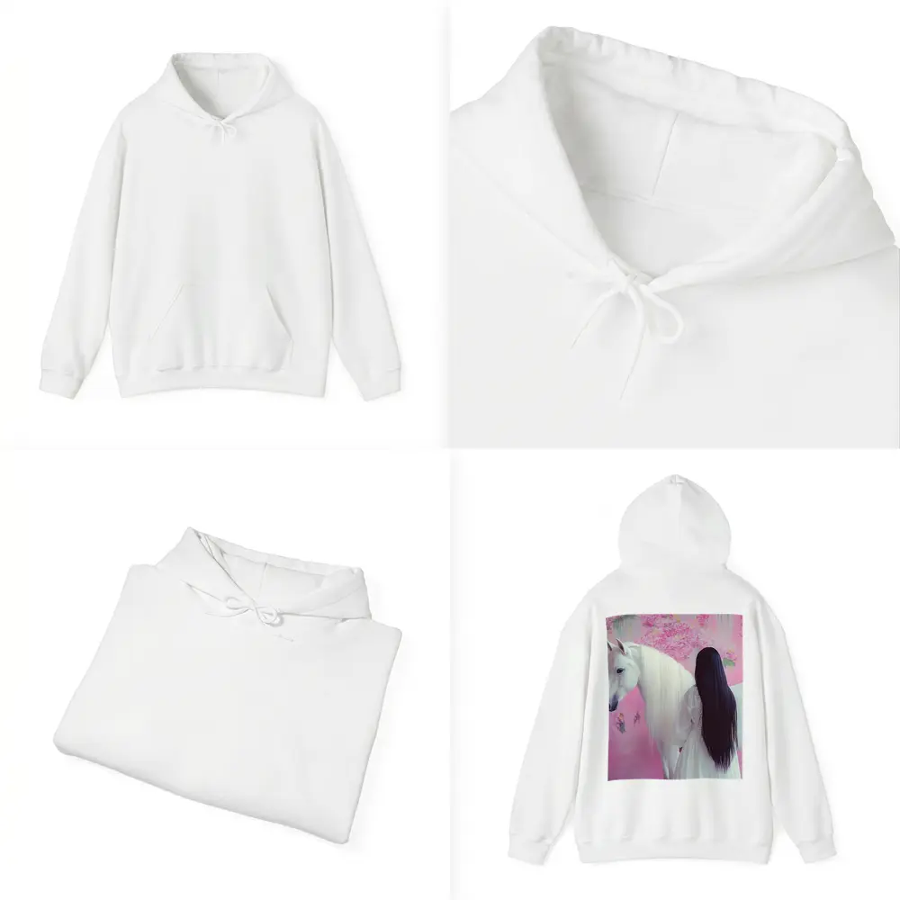 White Horse Woman Pink Floral Background – Hoodies