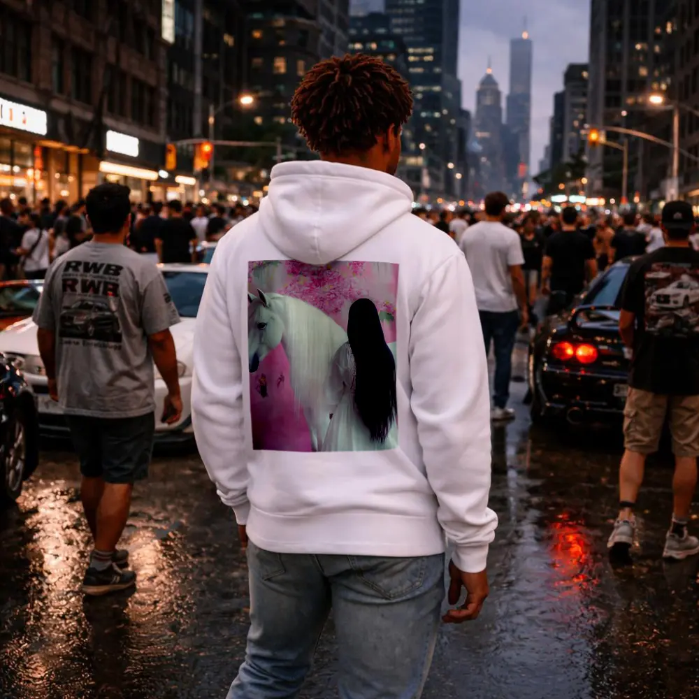 White Horse Woman Pink Floral Background – Hoodies