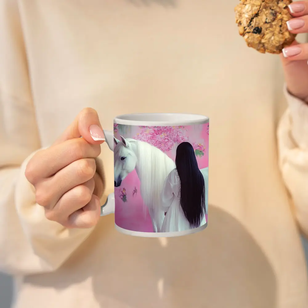 White Horse Woman Pink Floral Background – Mugs
