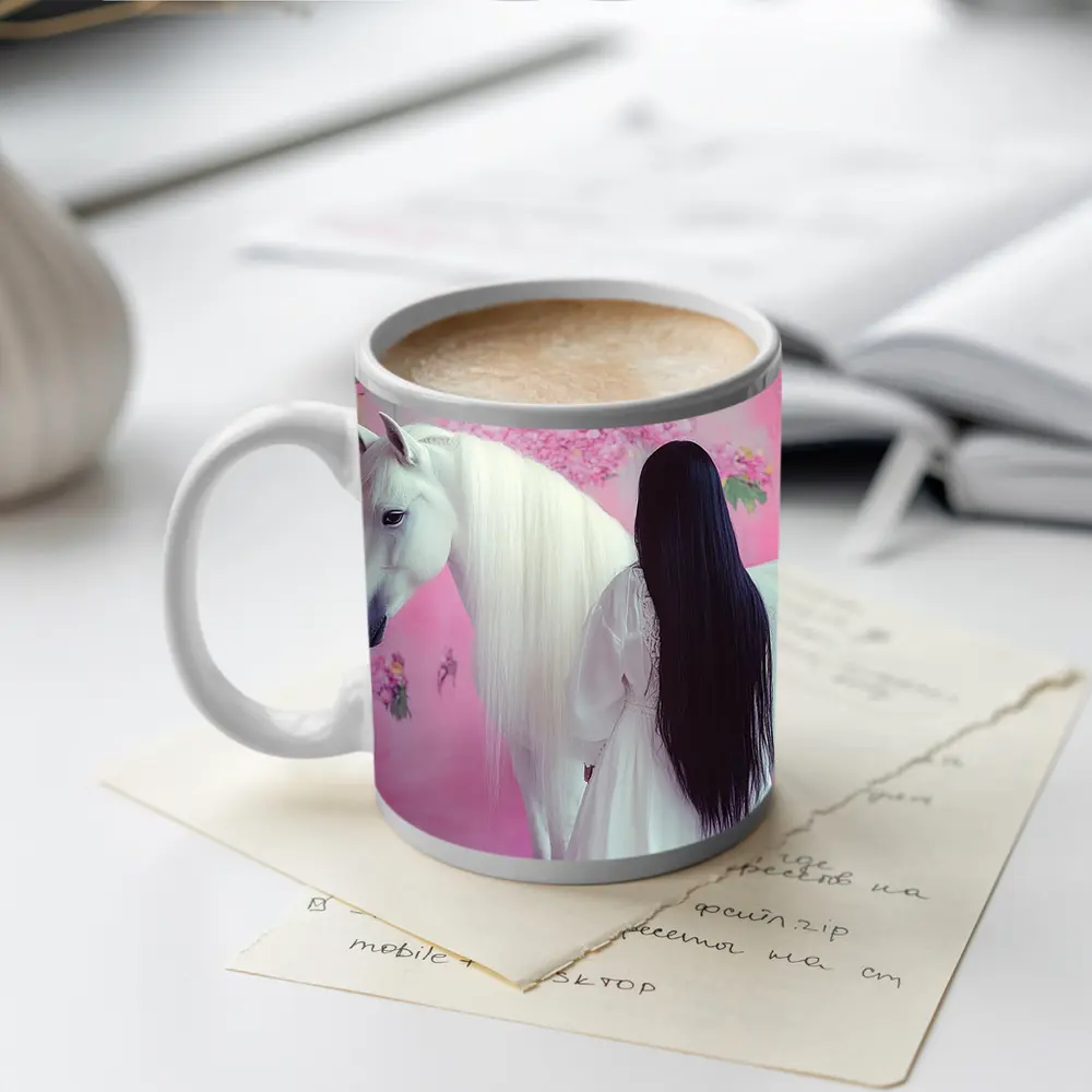 White Horse Woman Pink Floral Background – Mugs