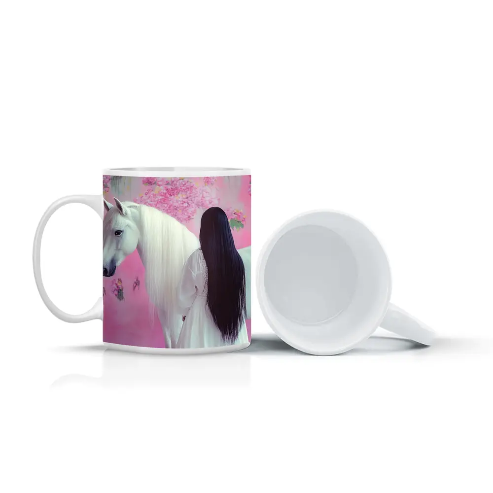 White Horse Woman Pink Floral Background – Mugs