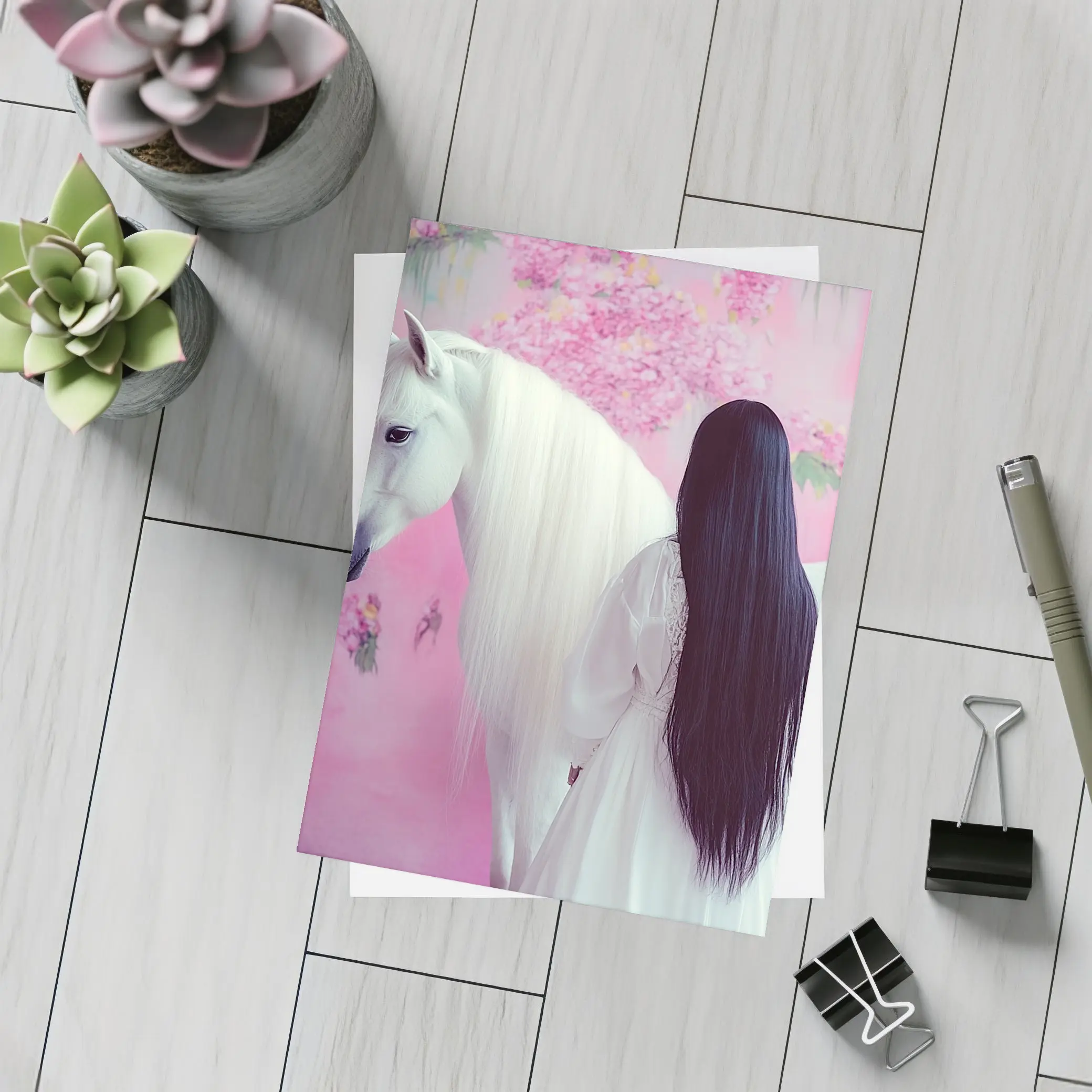 White Horse Woman Pink Floral Background – Postcards