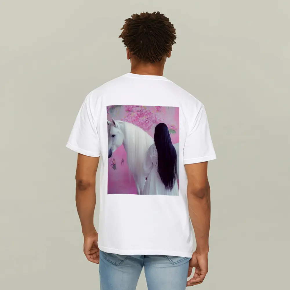 White Horse Woman Pink Floral Background – T-Shirts