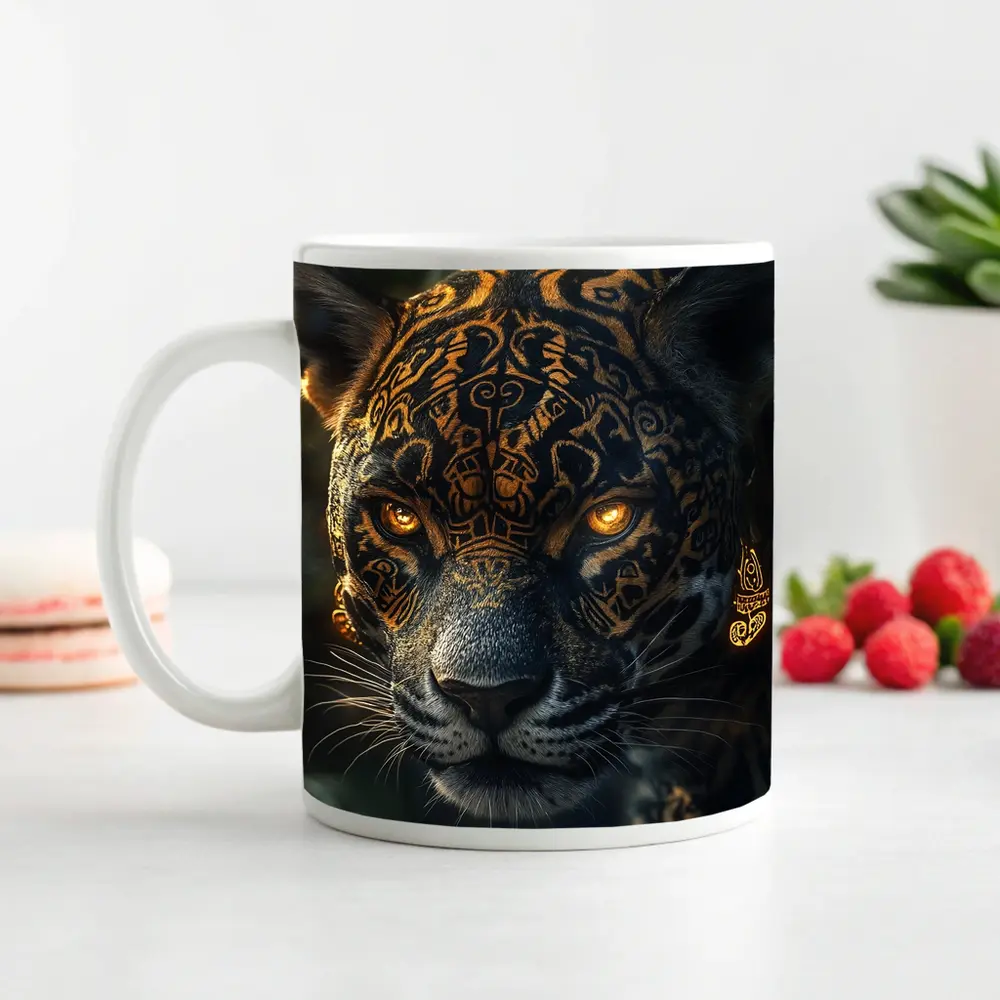 Black Jaguar Gold Tribal Markings Jungle – Mugs