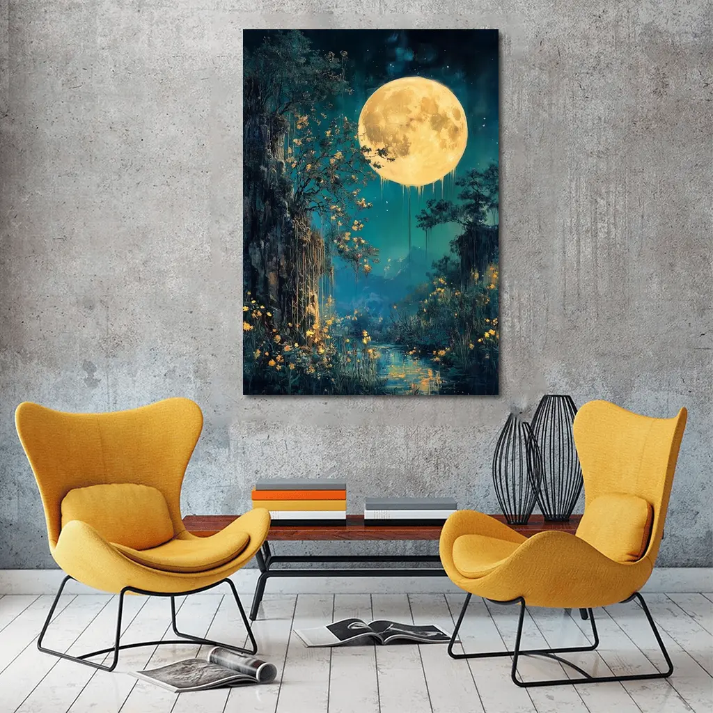 Full Moon Night Fantasy Forest Painting – Wall Art