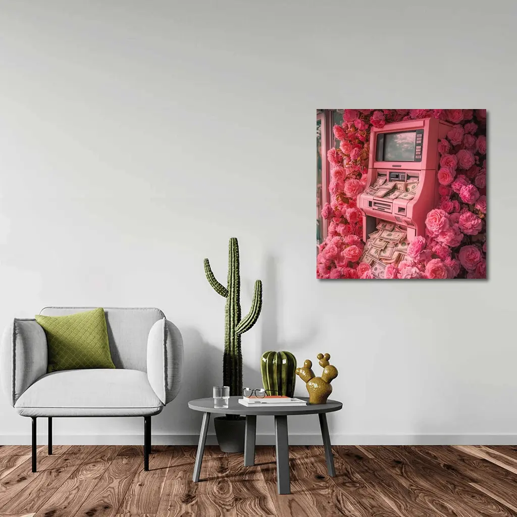 Pink ATM Machine Overflowing With Cash Roses – Wall Art