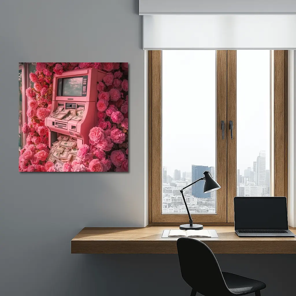 Pink ATM Machine Overflowing With Cash Roses – Wall Art