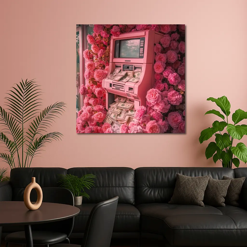Pink ATM Machine Overflowing With Cash Roses – Wall Art