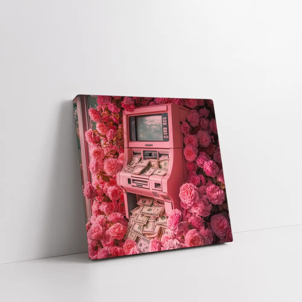 Pink ATM Machine Overflowing With Cash Roses – Wall Art