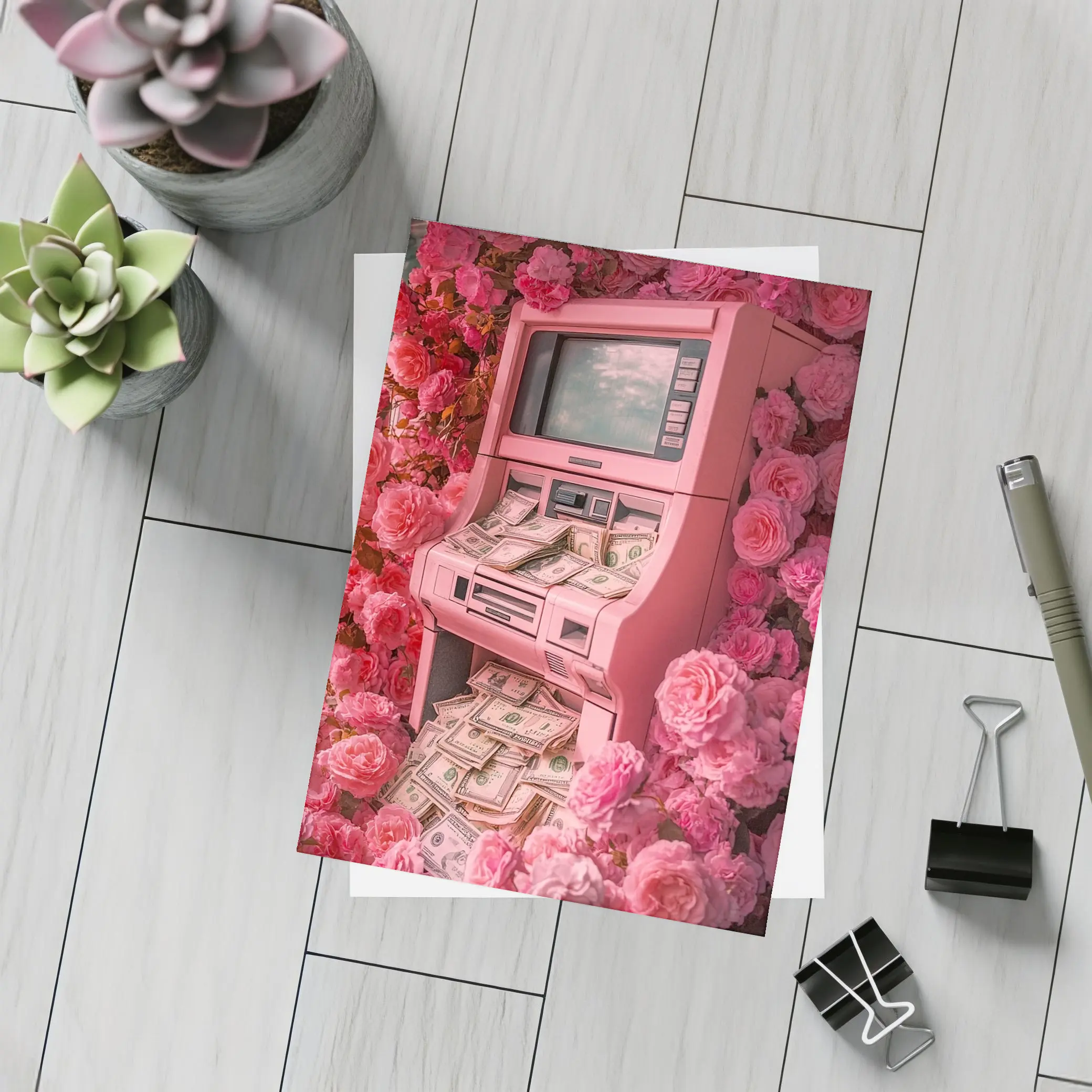Pink ATM Machine Overflowing With Cash Roses – Postcards