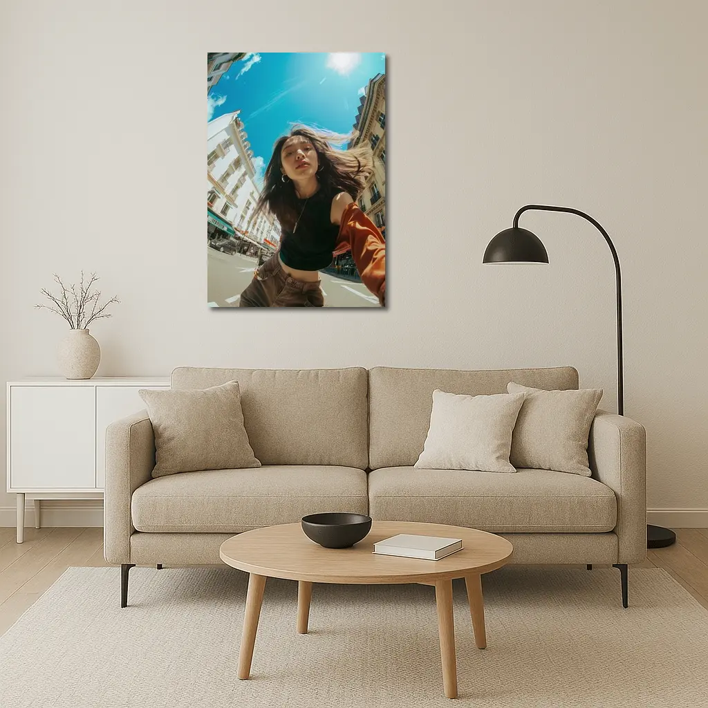 Young Woman Selfie Sunny City Street – Wall Art