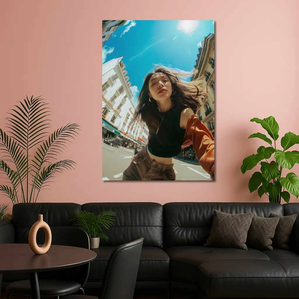 Young Woman Selfie Sunny City Street – Wall Art