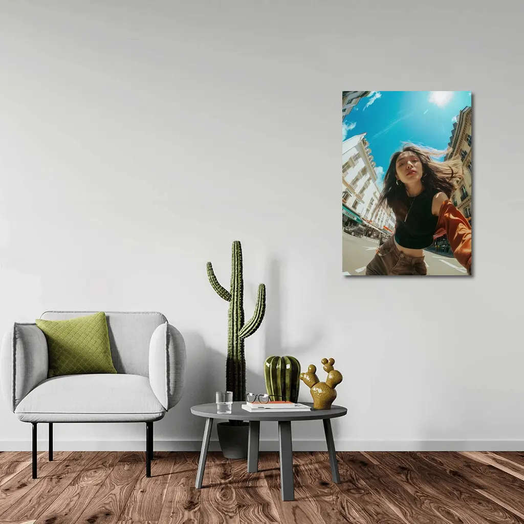 Young Woman Selfie Sunny City Street – Wall Art