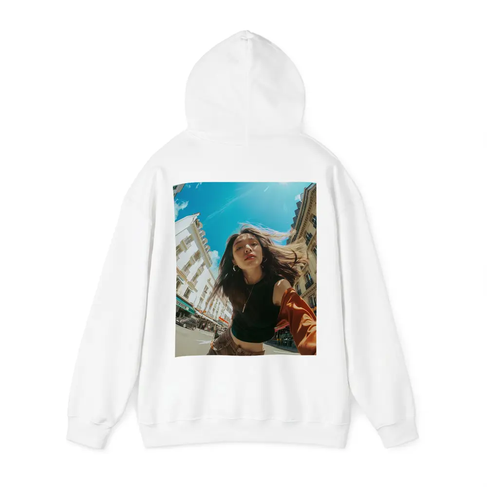 Young Woman Selfie Sunny City Street – Hoodies