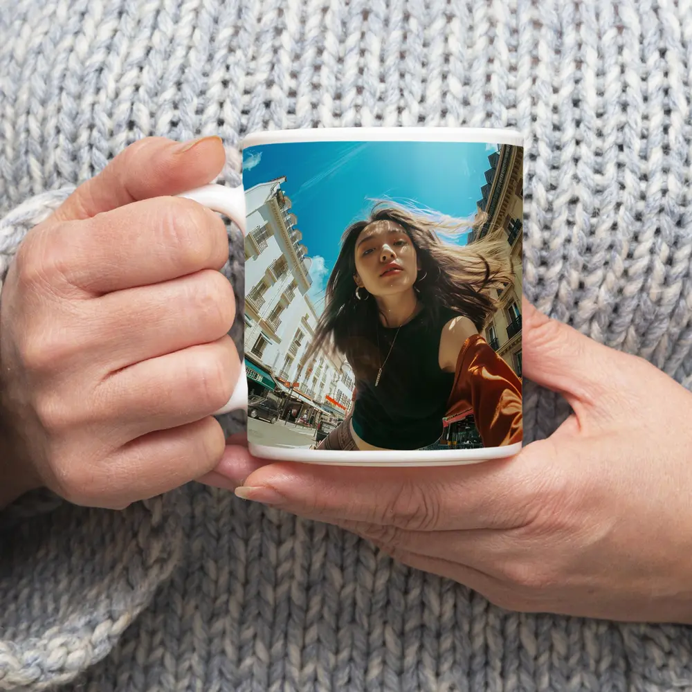 Young Woman Selfie Sunny City Street – Mugs