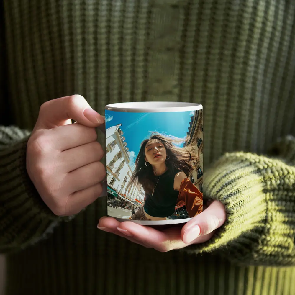 Young Woman Selfie Sunny City Street – Mugs