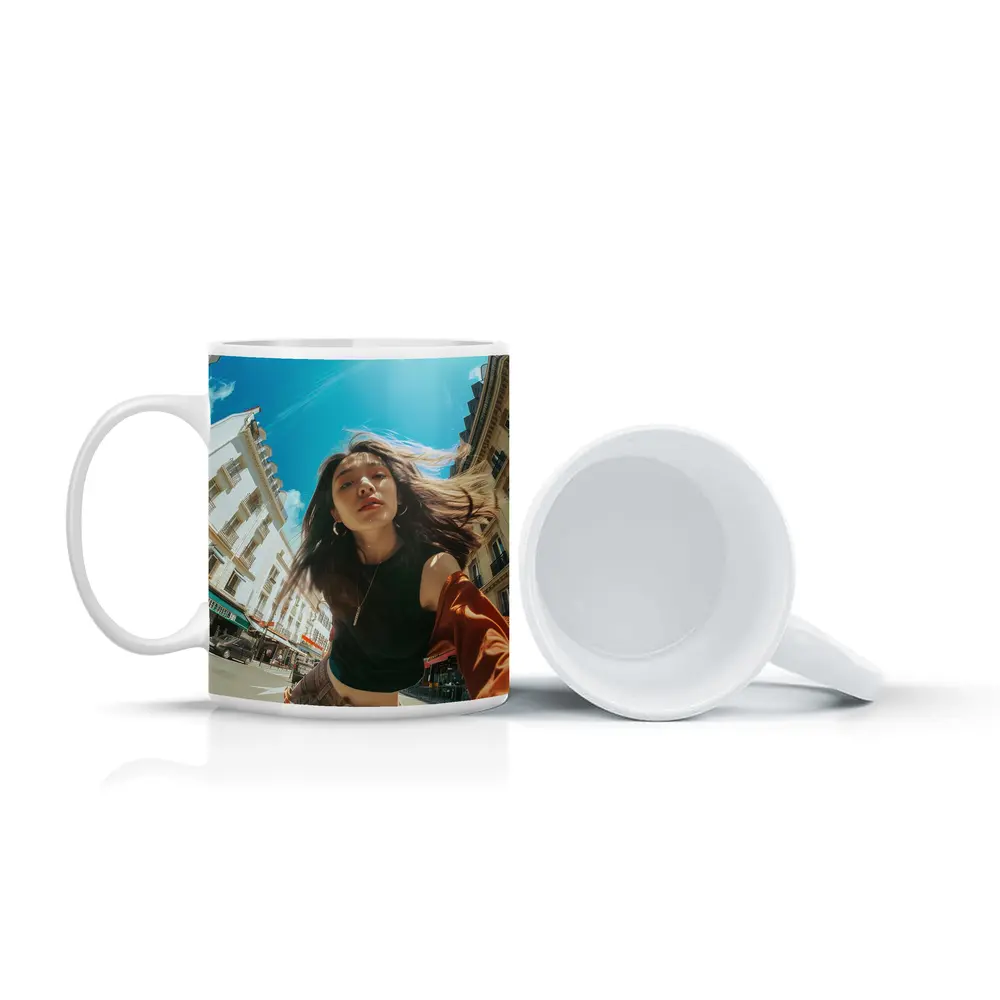 Young Woman Selfie Sunny City Street – Mugs