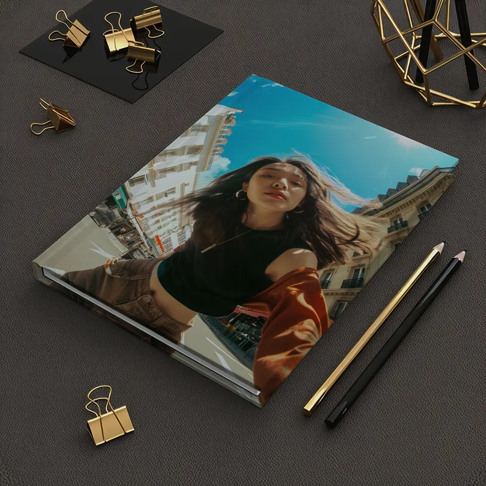 Young Woman Selfie Sunny City Street – Notebooks