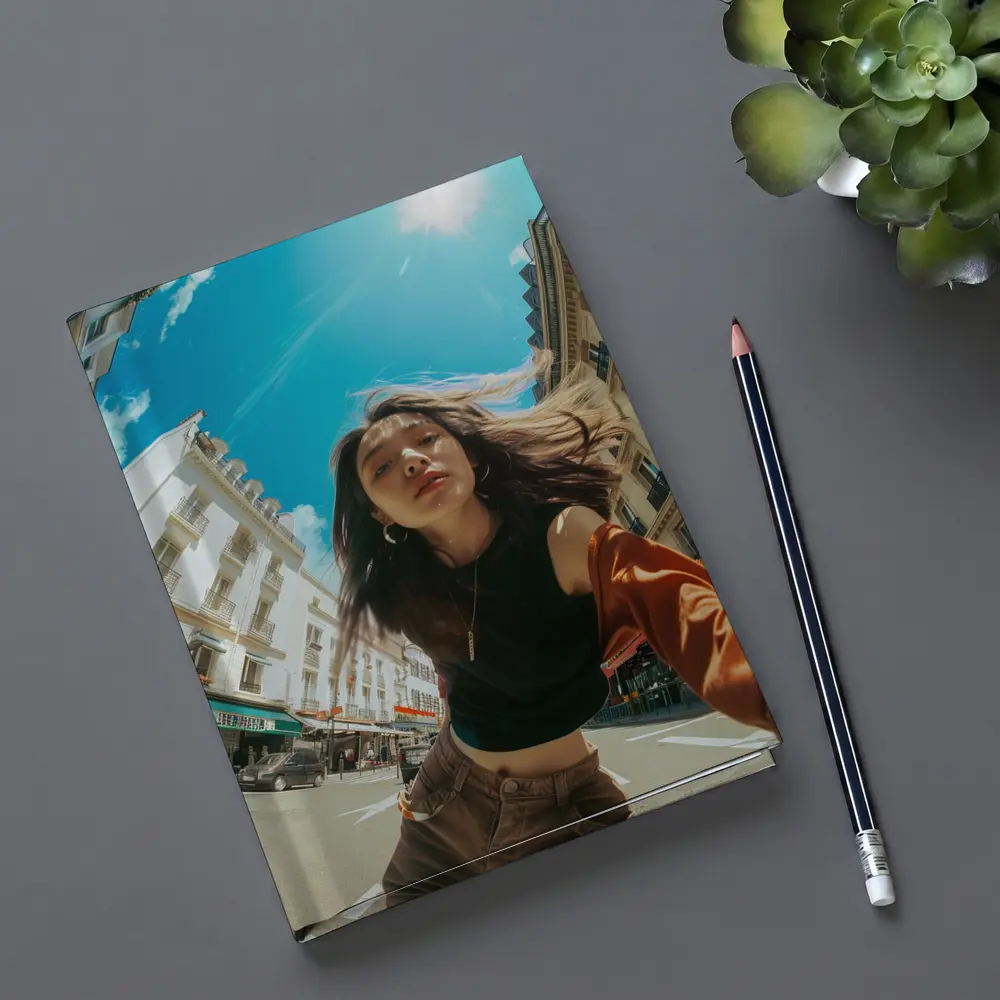 Young Woman Selfie Sunny City Street – Notebooks