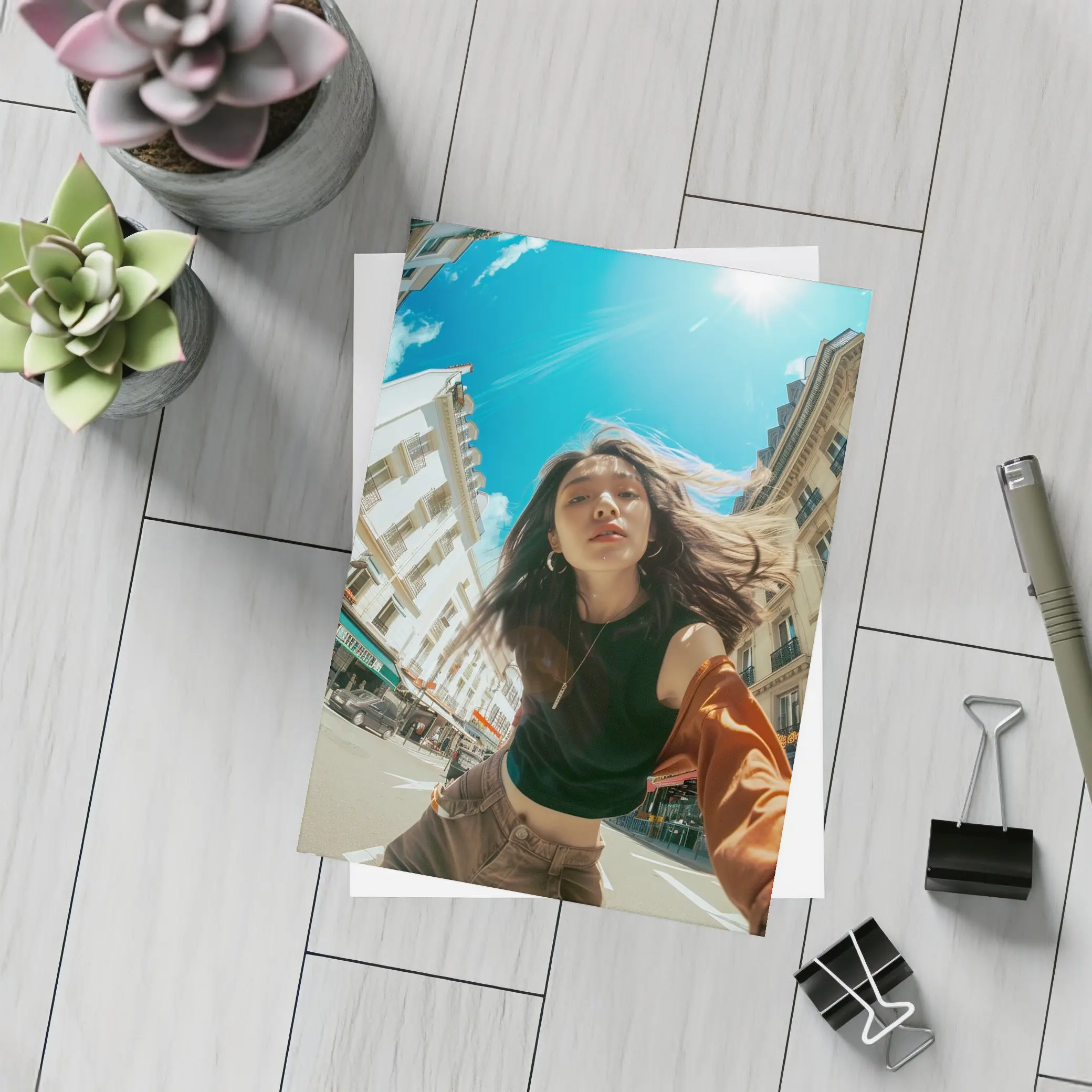 Young Woman Selfie Sunny City Street – Postcards