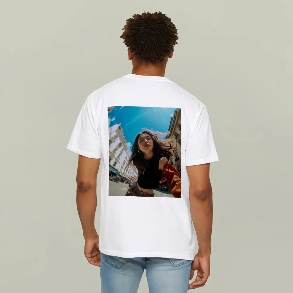Young Woman Selfie Sunny City Street – T-Shirts