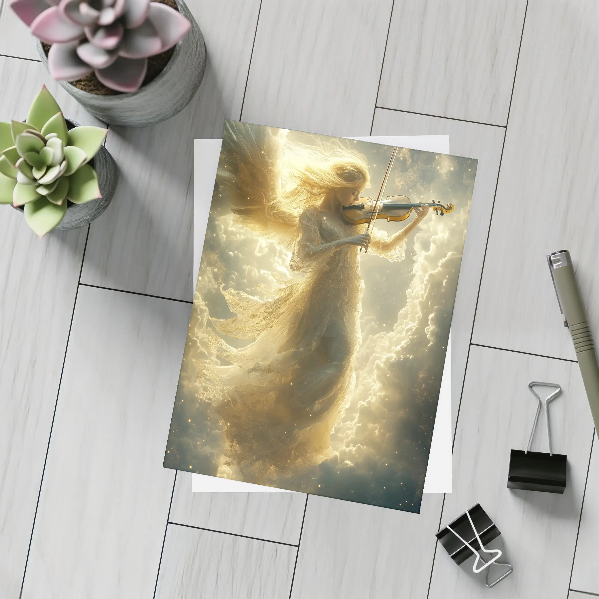 Angel Playing Violin Among Golden Clouds – Postcards