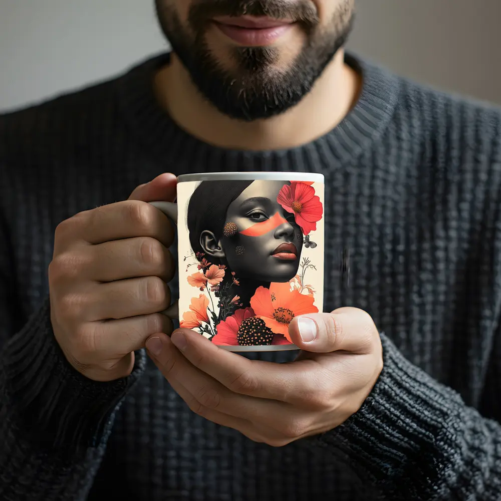 Black Woman Portrait Floral Collage Art – Mugs