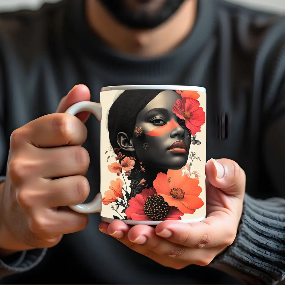 Black Woman Portrait Floral Collage Art – Mugs