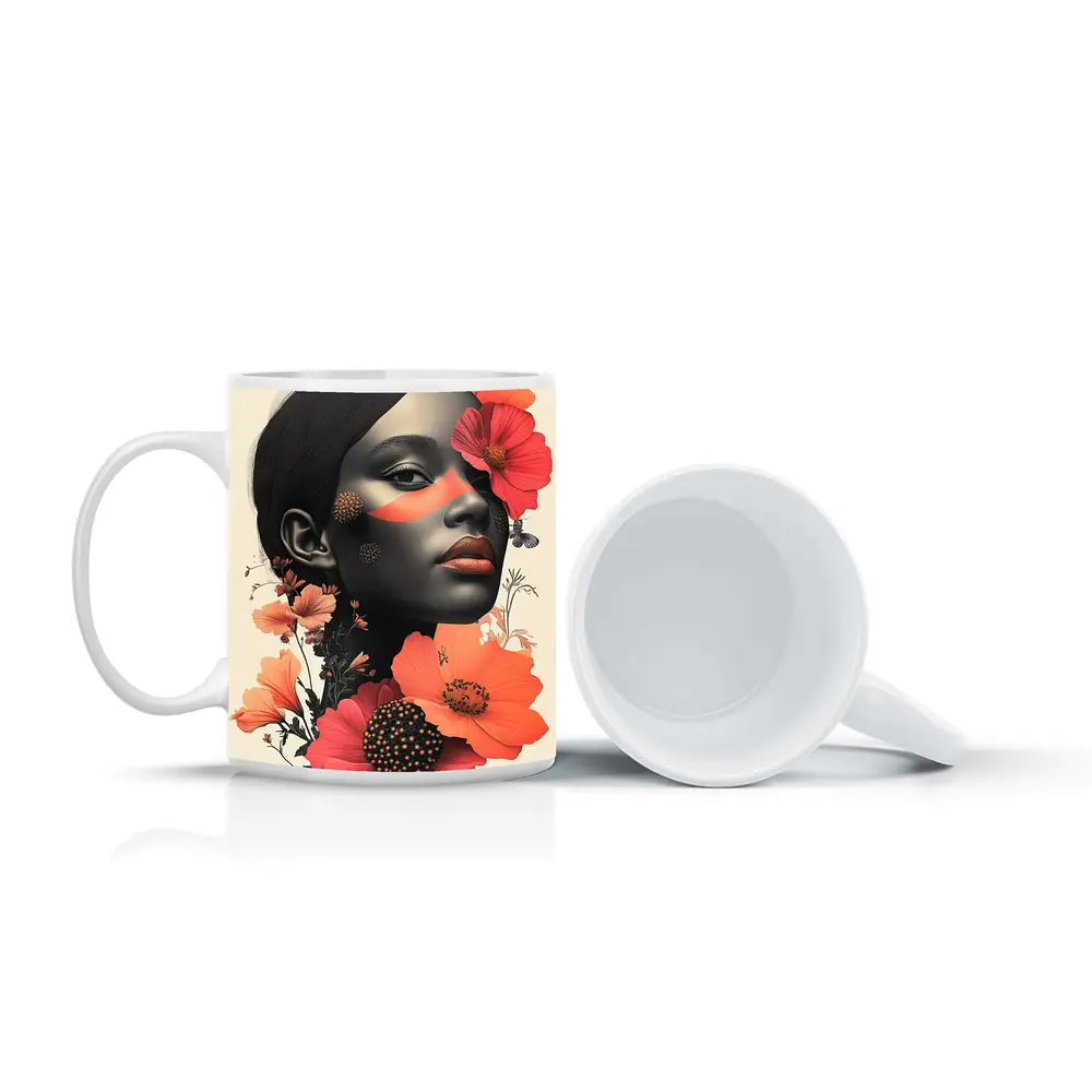 Black Woman Portrait Floral Collage Art – Mugs