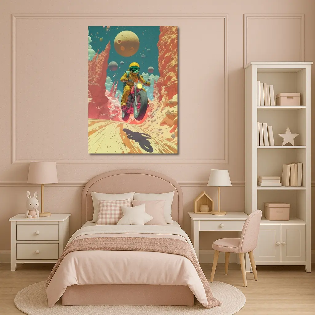 Astronaut Riding Motorcycle Alien Desert Space – Wall Art