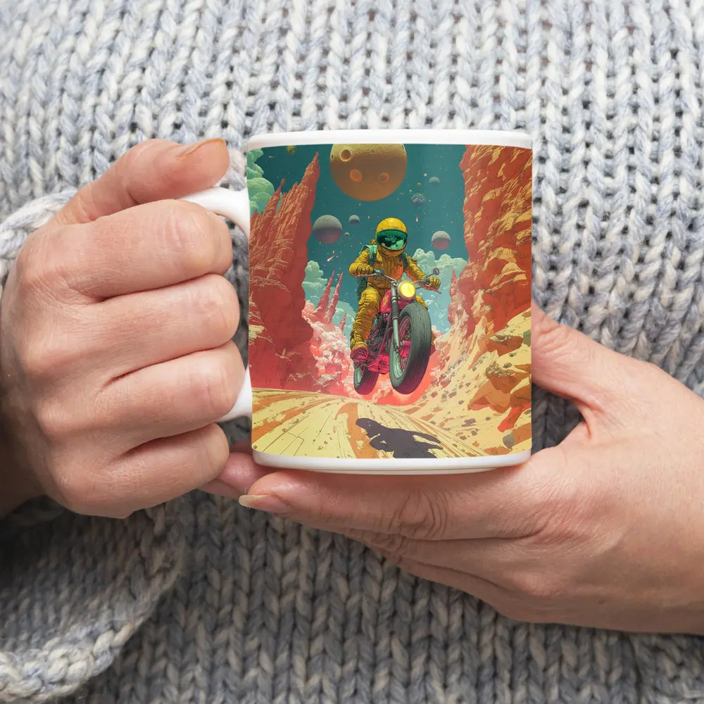 Astronaut Riding Motorcycle Alien Desert Space – Mugs